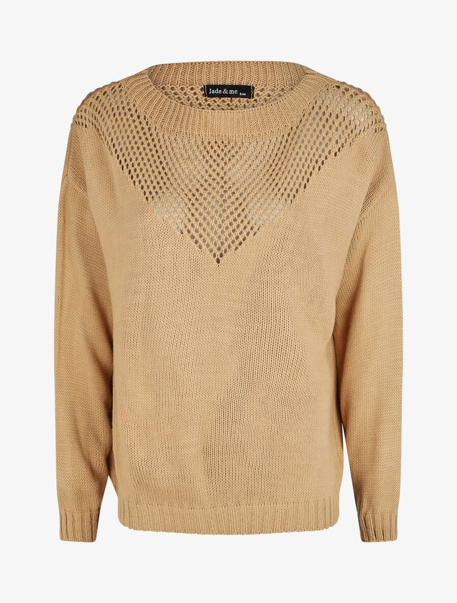 Pull droit col bateau en maille ajourée - Camel - 1