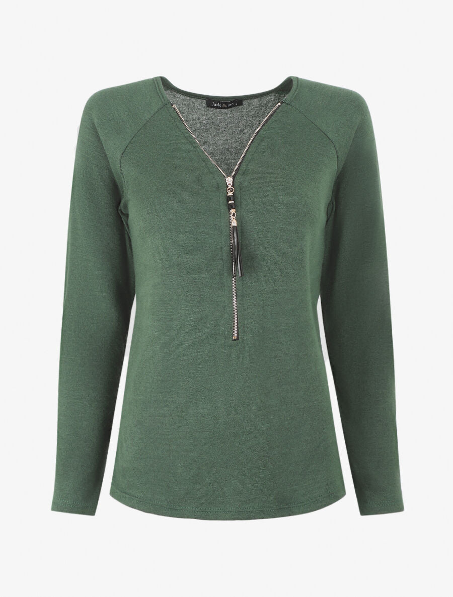 Pull fin uni à col zippé - Vert sapin - 1