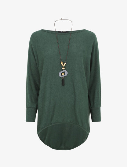 Pull ample uni manches chauve-souris - Vert foncé - 1