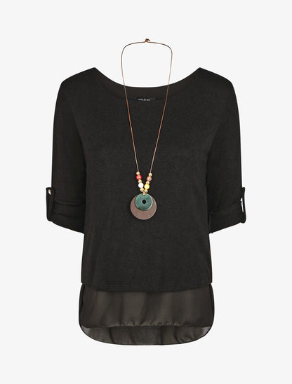 Pull droit uni doublure en voile - Noir - 1