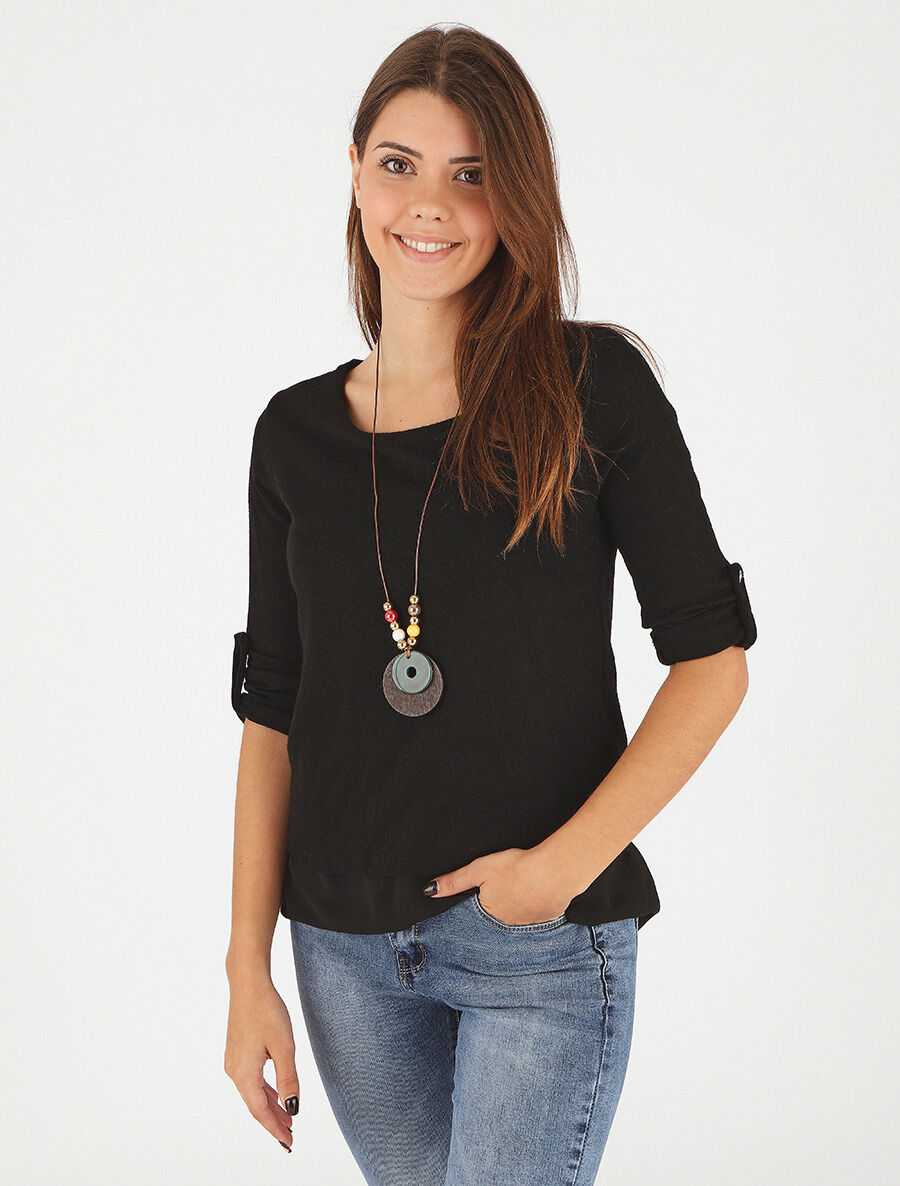Pull droit uni doublure en voile - Noir - 4