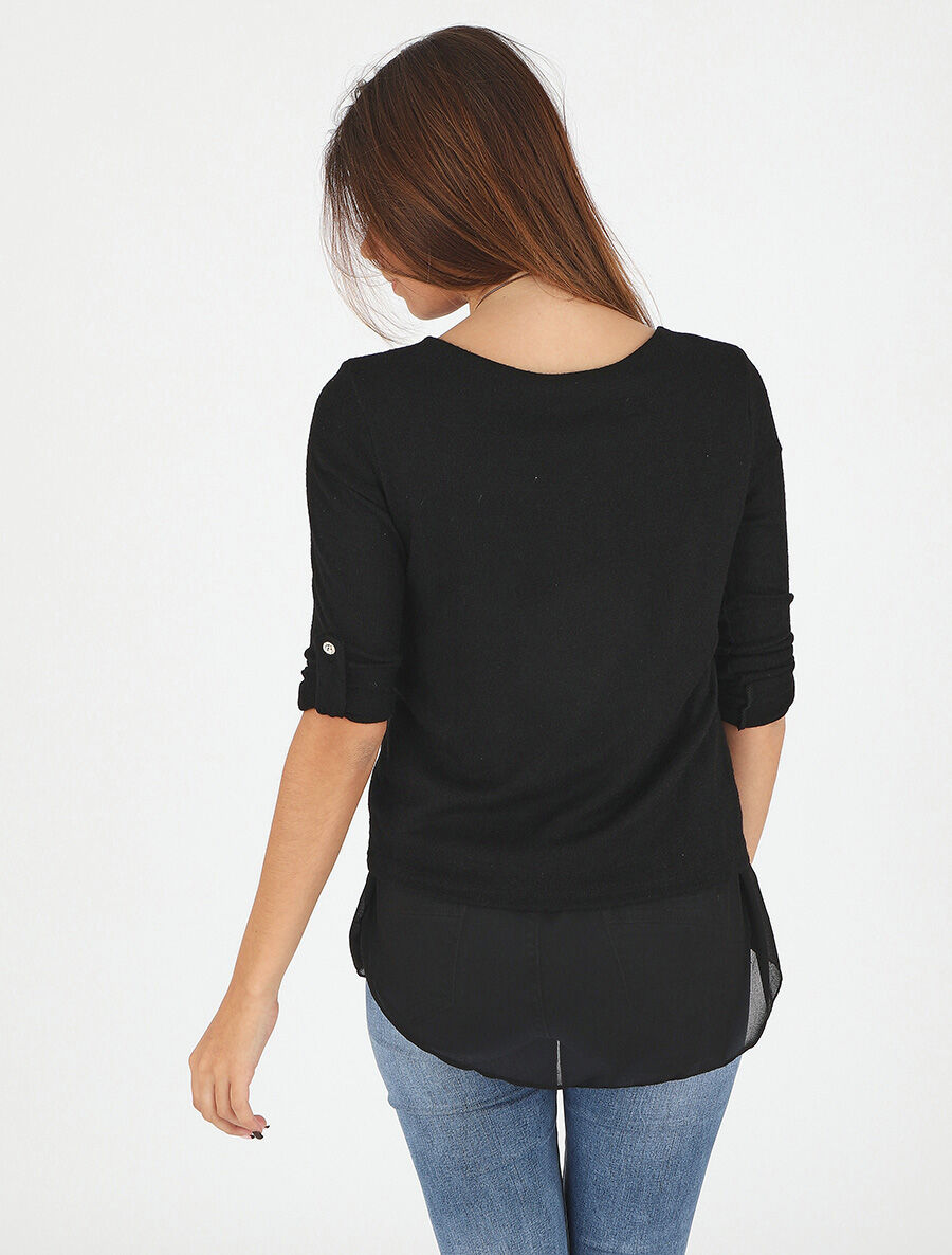 Pull droit uni doublure en voile - Noir - 5