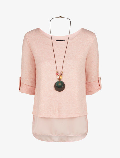 Pull droit uni doublure en voile - Rose - 4