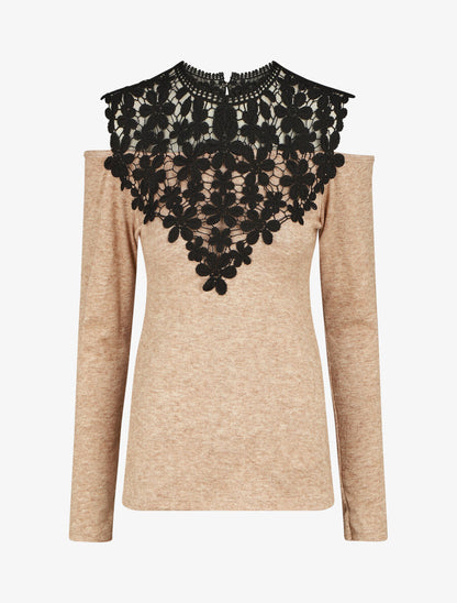 Pull droit à épaules dénudées et crochet - Beige - 6