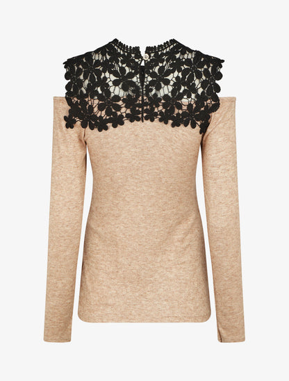 Pull droit à épaules dénudées et crochet - Beige - 2