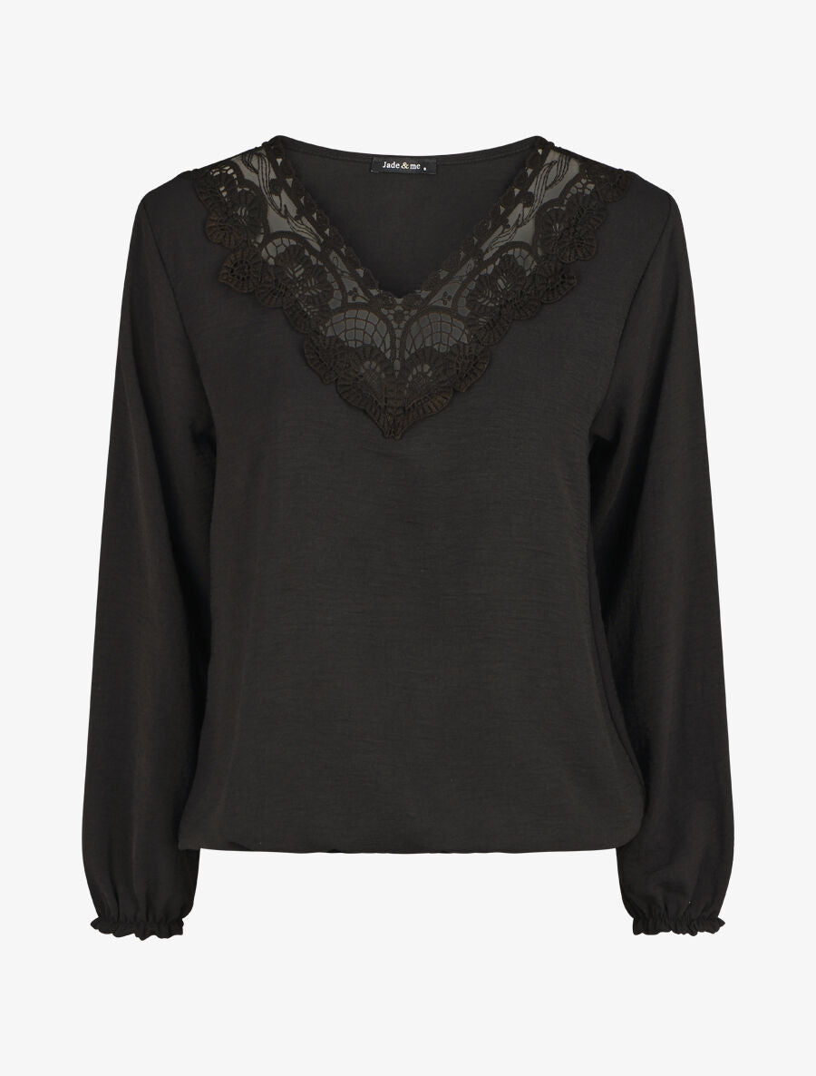 Top élastiqué col V en dentelle - Noir - 1