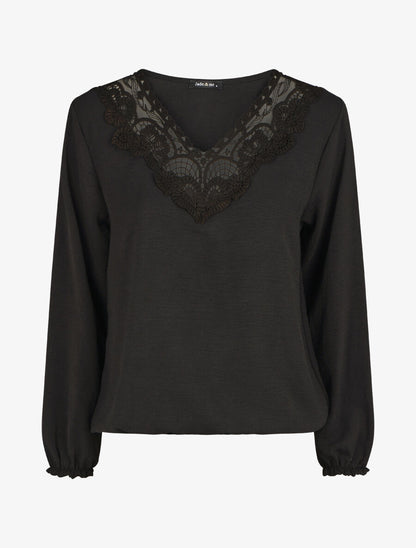 Top élastiqué col V en dentelle - Noir - 1