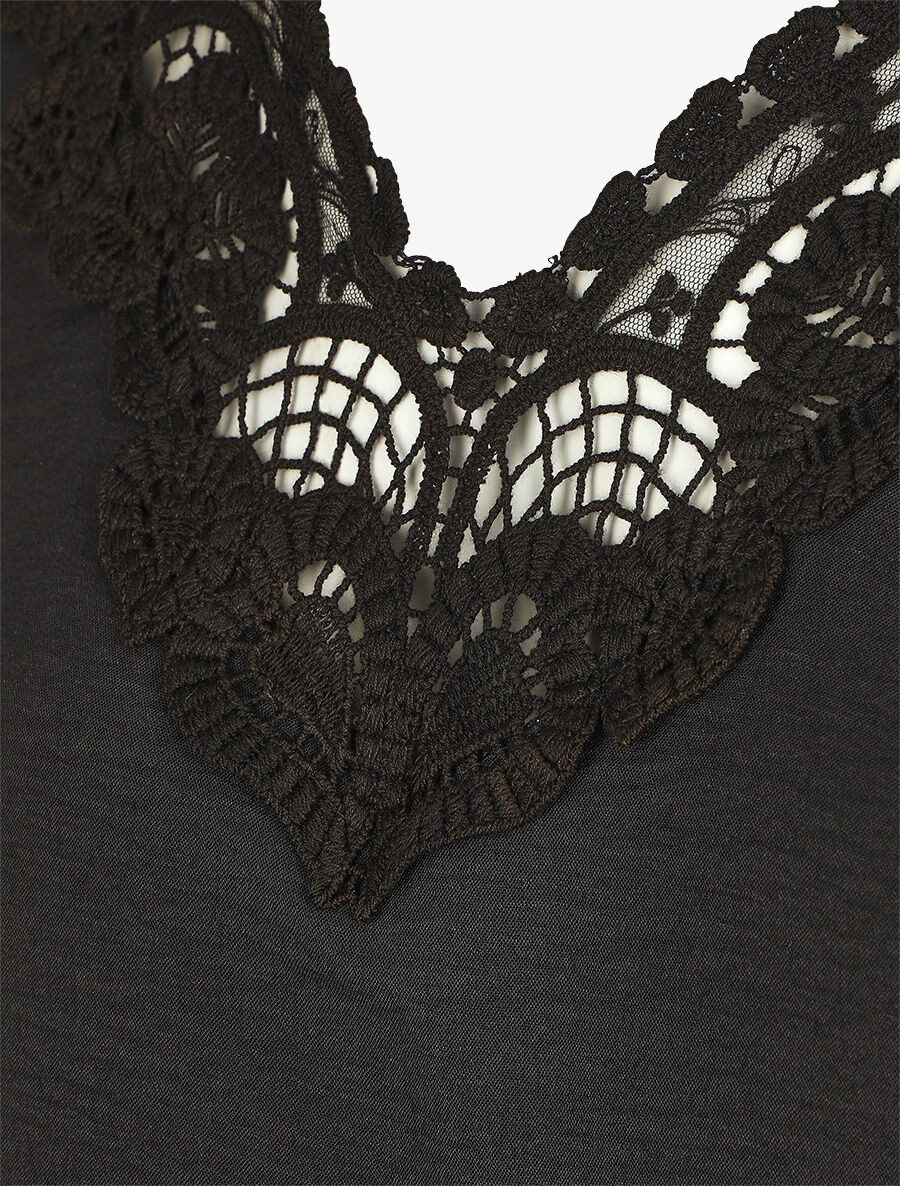 Top élastiqué col V en dentelle - Noir - 3