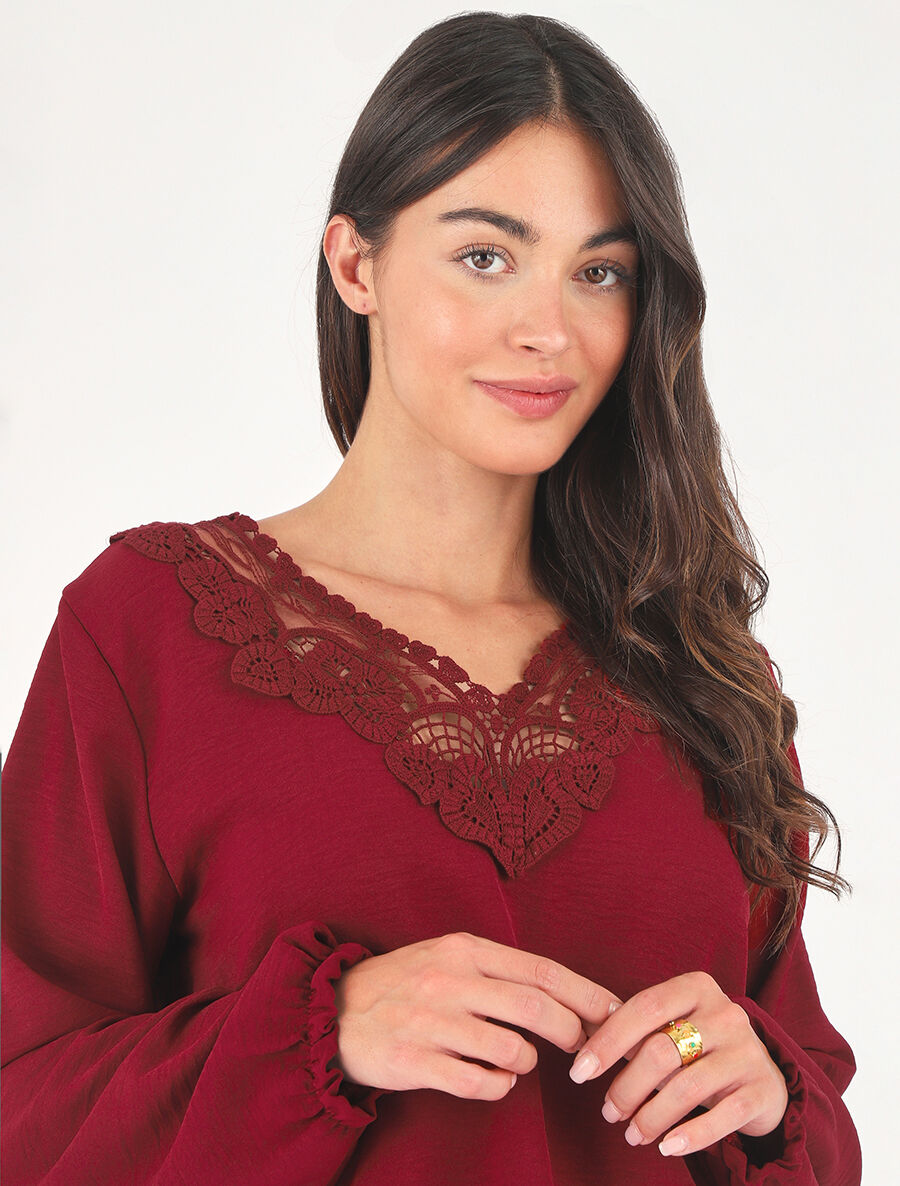 Top élastiqué col V en dentelle - Bordeaux - 6