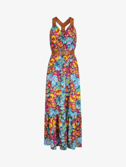 Robe longue coupe patineuse imprimé fleurs tropicales à bretelles en simili - Bleu canard - 1