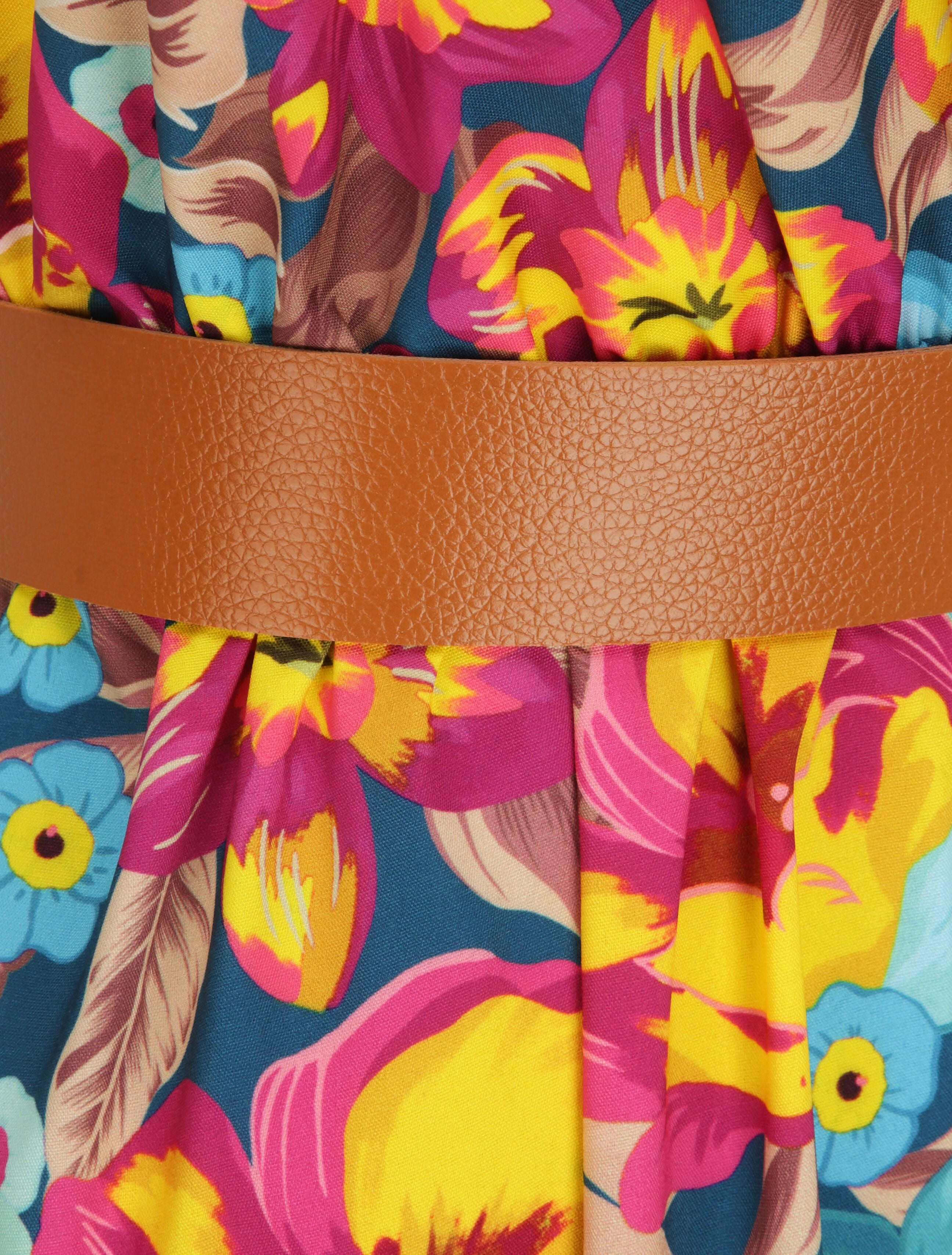 Robe longue coupe patineuse imprimé fleurs tropicales à bretelles en simili - Bleu canard - 3