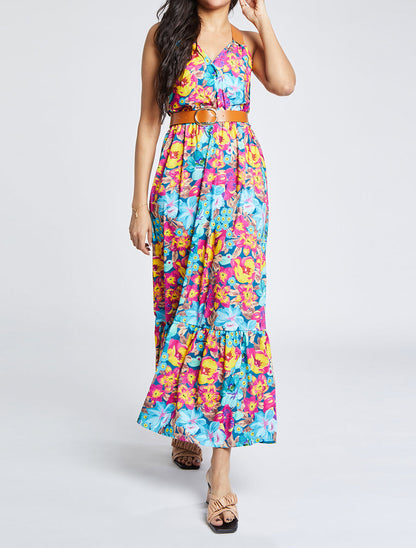 Robe longue coupe patineuse imprimé fleurs tropicales à bretelles en simili - Bleu canard - 5