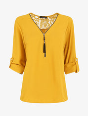 Top droit uni à zip et dentelle - Jaune - 6
