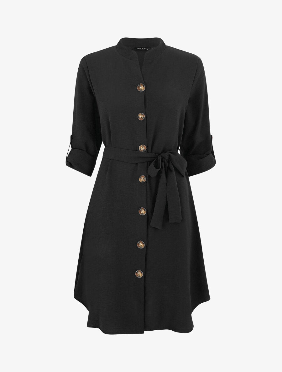 Robe chemise unie manches longues - Noir - 1
