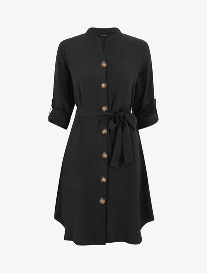 Robe chemise unie manches longues - Noir - 1