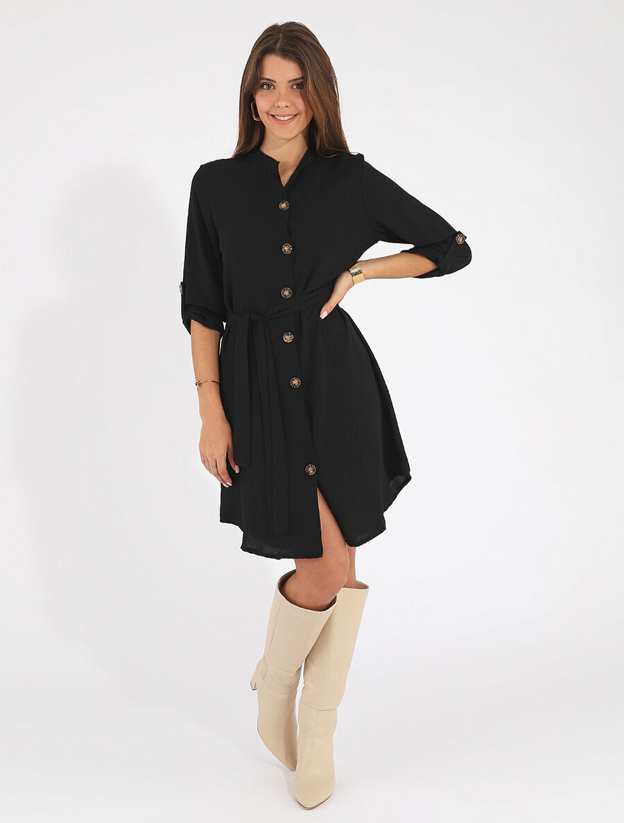 Robe chemise unie manches longues - Noir - 4