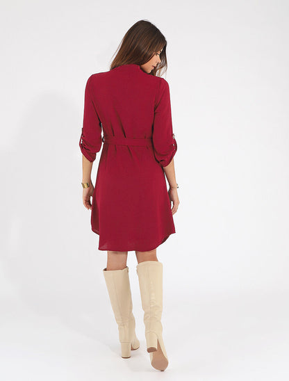 Robe chemise unie manches longues - Bordeaux - 5