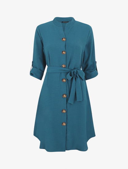 Robe chemise unie manches longues - Bleu - 1