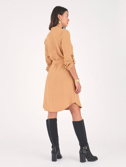 Robe chemise unie manches longues - Camel - 5