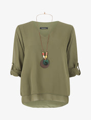 Blouse en voile à manches retroussables - Kaki - 1