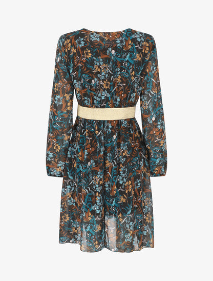 Robe imprimé fleuri à bande dorée - Marine - 2