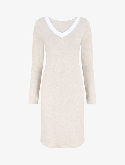 Robe droite mi-longue col V - Beige - 6