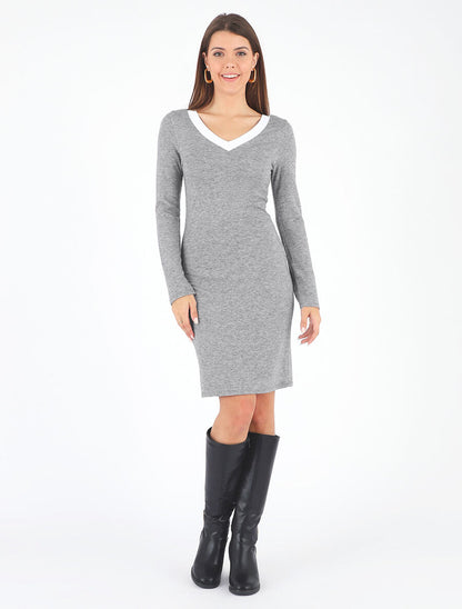Robe droite mi-longue col V - Gris - 4