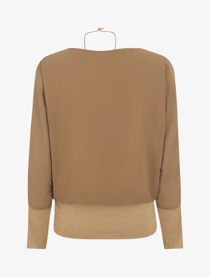 Blouse unie à col bénitier - Camel - 2