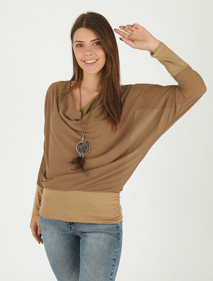 Blouse unie à col bénitier - Camel - 4
