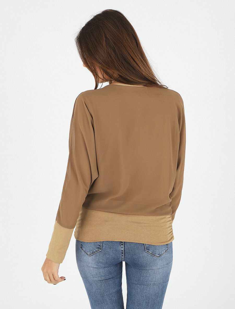 Blouse unie à col bénitier - Camel - 5