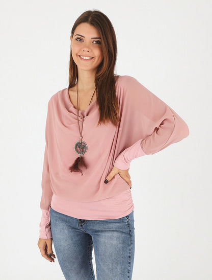 Blouse unie à col bénitier - Rose - 4