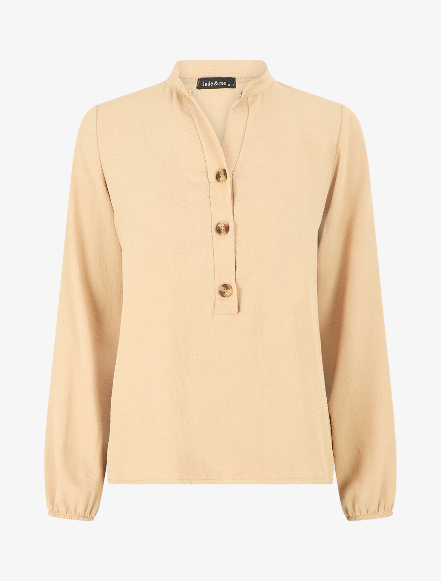 Blouse en voile unie à col boutonné - Camel - 1