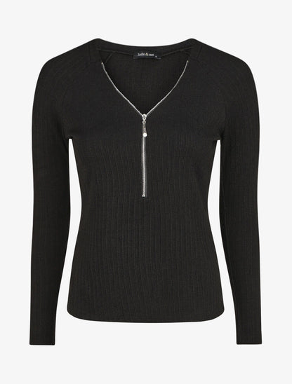 Pull fin droit et côtelé col zippé - Noir - 4