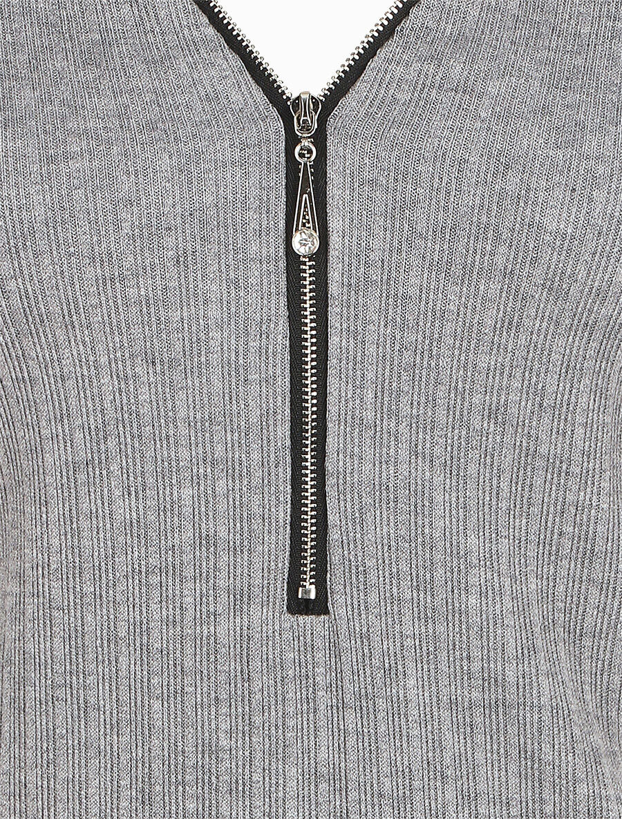 Pull fin droit et côtelé col zippé - Gris - 3