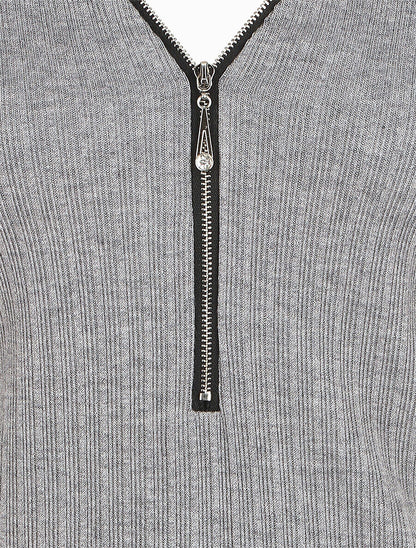 Pull fin droit et côtelé col zippé - Gris - 3