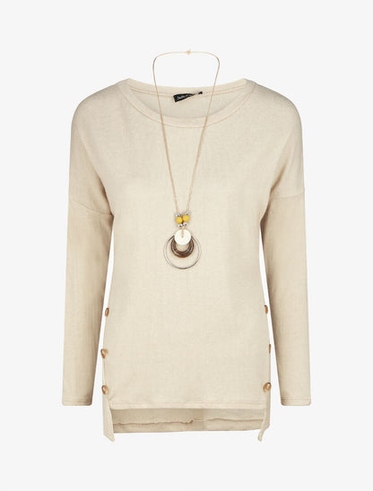 Pull fin uni à col rond - Beige - 1