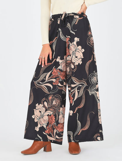 Pantalon ample taille haute imprimé floral - Noir - 4