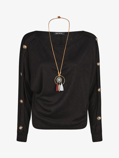 Pull ample manches à boutons décoratifs - Noir - 4