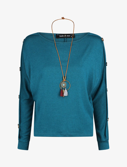 Pull ample manches à boutons décoratifs - Bleu canard - 4