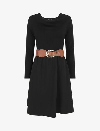 Robe courte évasée col bénitier et manches longues - Noir - 1
