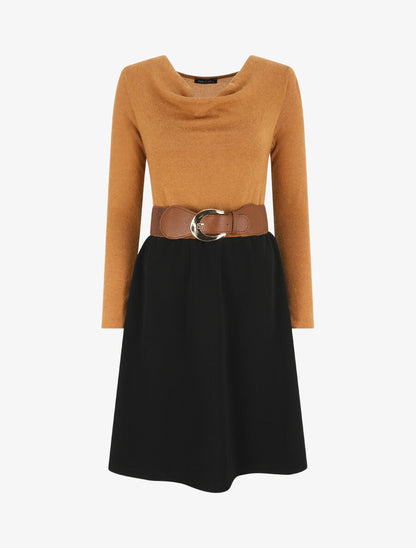 Robe courte évasée col bénitier et manches longues - Camel - 6