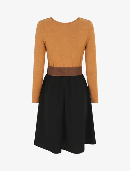 Robe courte évasée col bénitier et manches longues - Camel - 2