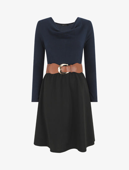 Robe courte évasée col bénitier et manches longues - Marine - 6