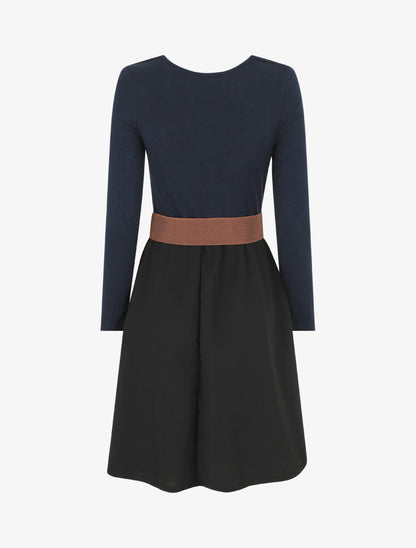 Robe courte évasée col bénitier et manches longues - Marine - 2