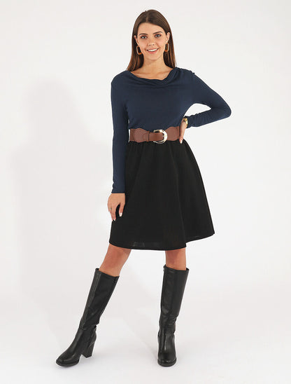 Robe courte évasée col bénitier et manches longues - Marine - 4