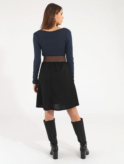 Robe courte évasée col bénitier et manches longues - Marine - 5