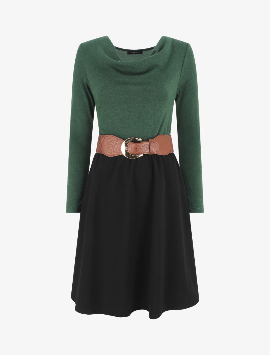 Robe courte évasée col bénitier et manches longues - Vert - 1