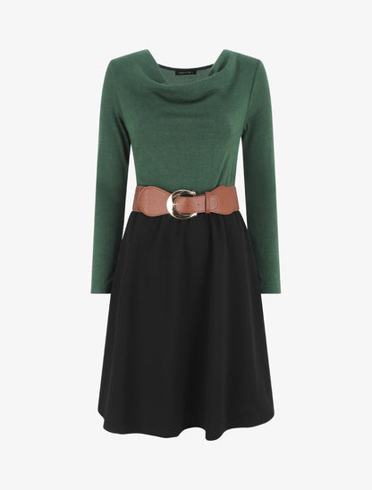 Robe courte évasée col bénitier et manches longues - Vert - 1