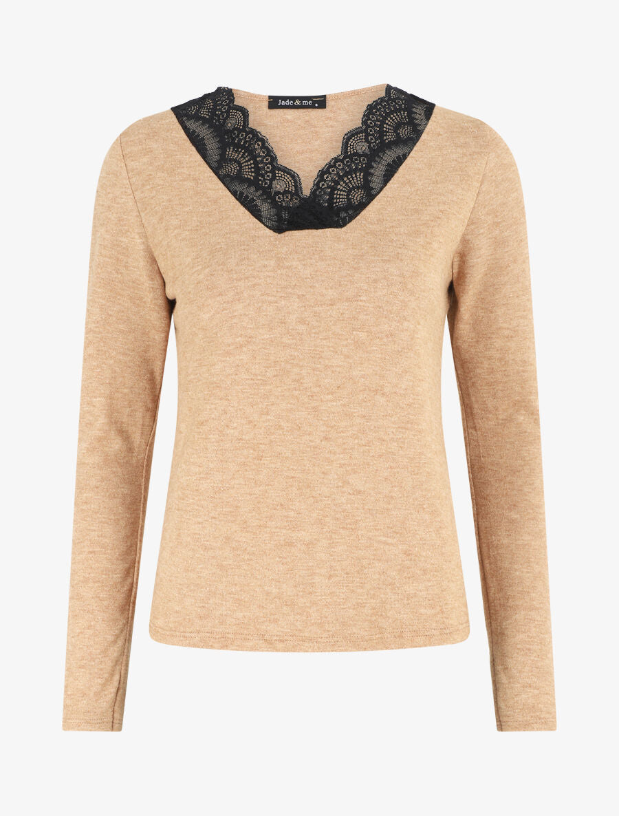 Pull droit col V en dentelle - Camel - 1