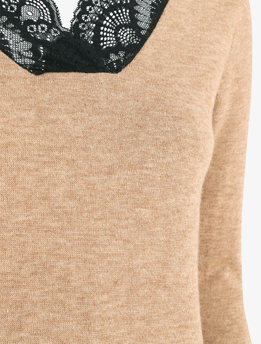 Pull droit col V en dentelle - Camel - 3